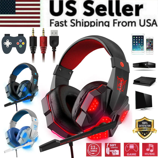 3.5mm Gaming Headset Mic LED Headphones Stereo Bass Surround For PC PS4 Xbox One